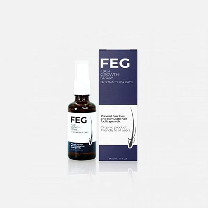 FEG Hair Growth Spray bottle (50ml) and box, highlighting the promise to Prevent hair loss and stimulate hair follicle growth with an organic formula.