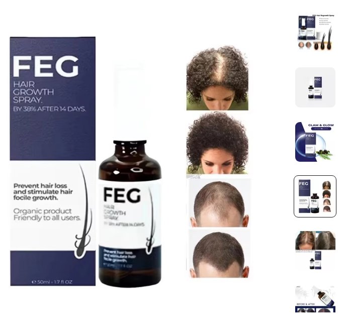Promotional image for FEG Hair Growth Spray, claiming Glam & Glow After 14 Days with a focus on its organic ingredients and fast results.