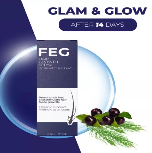 FEG Hair Growth Spray, an organic product that promises up to 30% hair growth after 14 days by stimulating follicles and stopping shedding.