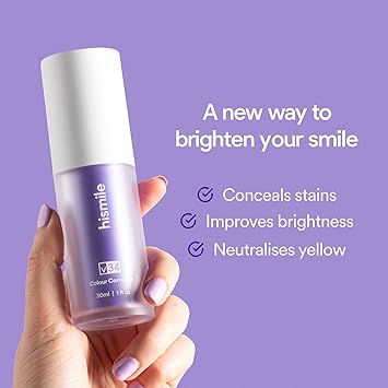 Hismile V34 Colour Corrector Serum bottle and box (30ml / 1 fl oz). Six photo examples showing teeth brightening results after use.