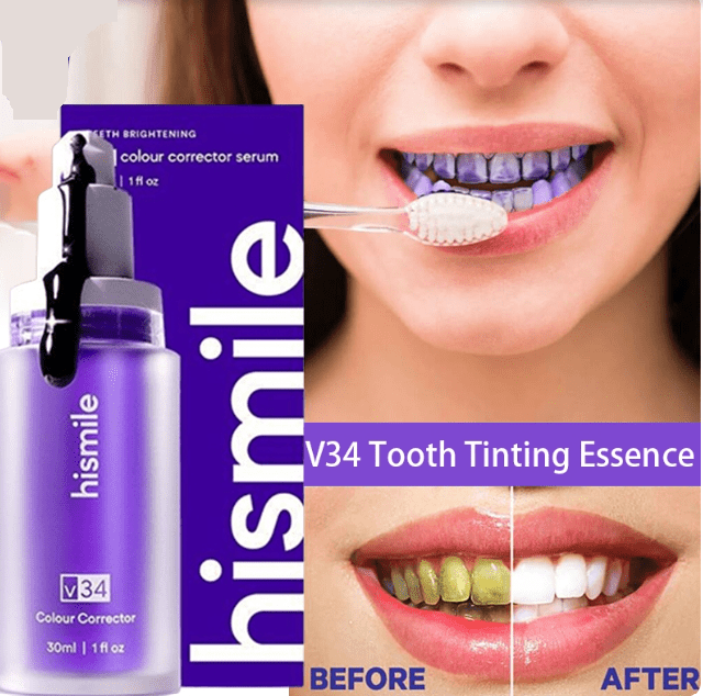 Close-up of Hismile V34 Colour Corrector being brushed onto teeth, illustrating how the purple serum neutralizes and brightens yellow undertones.