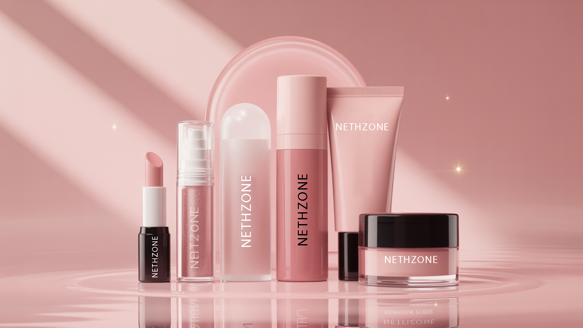 Nethzone skincare and makeup products on a pink background in UAE