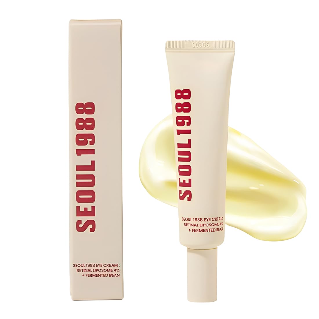 SEOUL 1988 Eye Cream with Retinal Liposome 4% and Fermented Bean. Close-up on the yellow cream texture and tube.