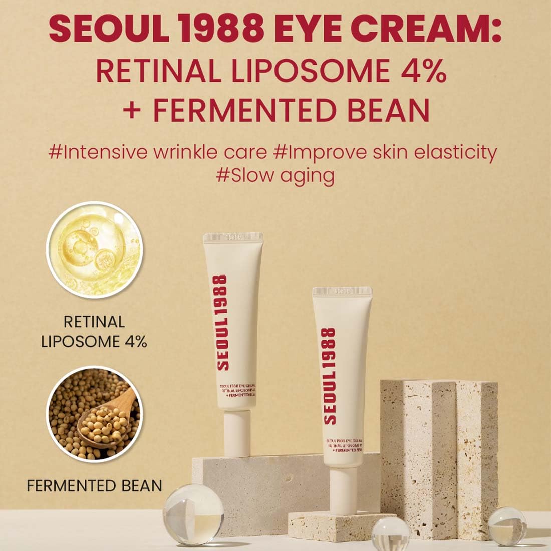 Woman applying SEOUL 1988 Retinal Eye Cream to the eye zone to increase skin elasticity and achieve wrinkle resistance.