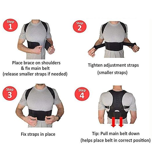 Black posture corrector belt showing close-up details of the durable, adjustable straps and breathable material for comfortable wear.