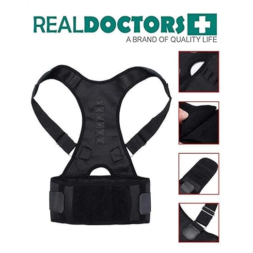 Back and shoulder brace worn like a vest to fix slouching, stabilize the spine, and gently pull the shoulders back for better posture.