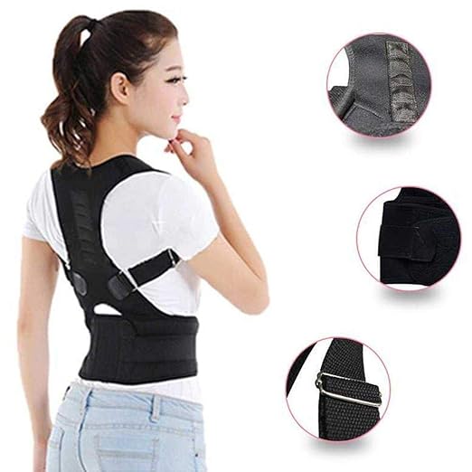 Adjustable black Posture Corrector and Back Support Belt. Features wide shoulder straps and a stabilizing lower back strap for alignment.